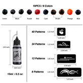 STIGMA Temporary Tattoo Kit. 10 bottles of 8-color inks (15ml) and 84 stencils of various sizes and patterns.